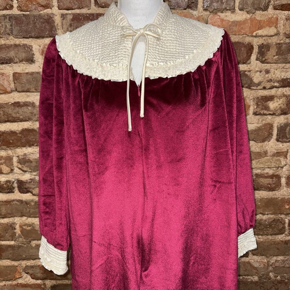 Vintage Adonna Velour Hostess Robe Maxi Dress Burgundy Pink Satin Collar L XL